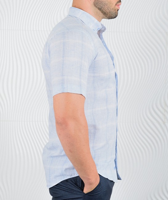 Мъжка синя ленена риза с къс ръкав