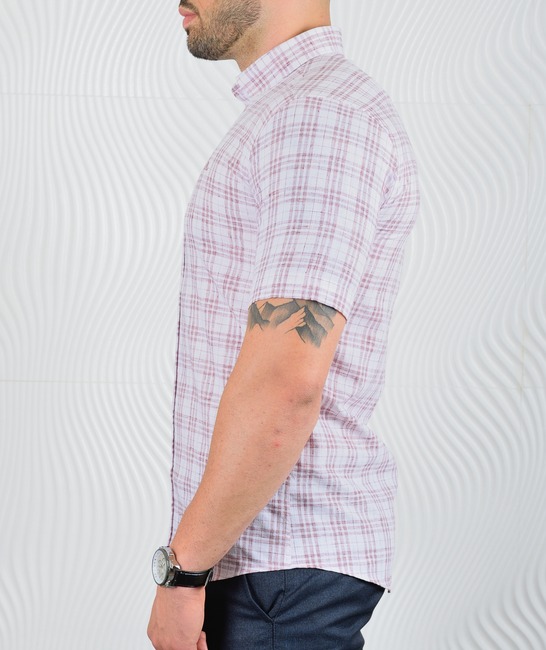 Мъжка ленена риза с къс ръкав цвят бордо