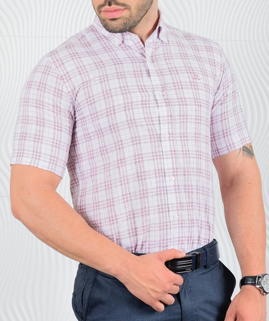 Мъжка ленена риза с къс ръкав цвят бордо