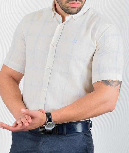 Мъжка бежова ленена риза с къс ръкав