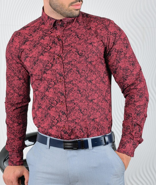 Мъжка риза цвят бордо на графични цветя