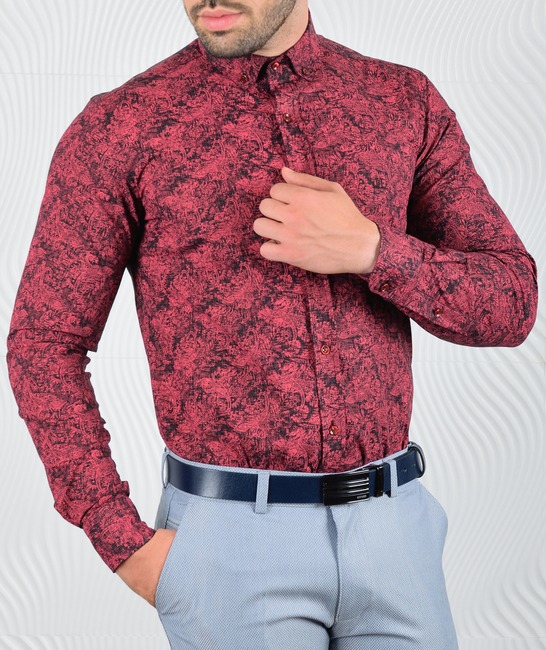 Мъжка риза цвят бордо на графични цветя