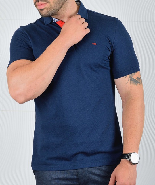Мъжка тениска с яка цвят тъмно син