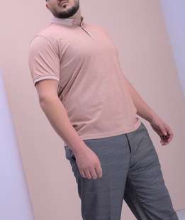 Мъжка тениска с яка цвят пудра голям размер с лого