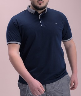 Тъмно синя мъжка тениска голям размер с яка и лого