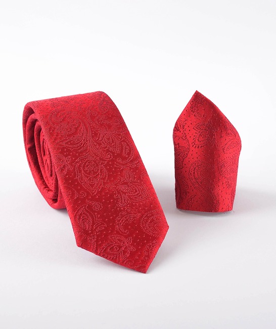 Мъжка червена вратовръзка с кърпичка на пейсли елементи