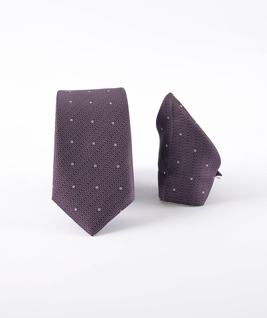 Мъжка лилава струкурна вратовръзка на точки с кърпичка