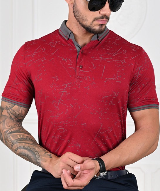 Мъжка тениска с яка на ленти и иивици цвят бордо