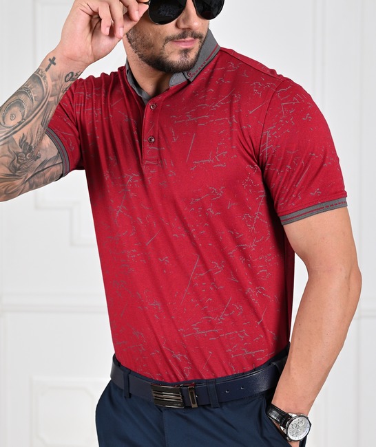 Мъжка тениска с яка на ленти и иивици цвят бордо