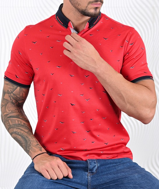 Мъжка поло тениска с 3D птици цвят червен