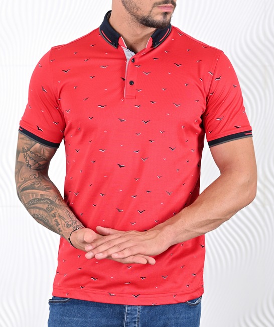 Мъжка поло тениска с 3D птици цвят червен