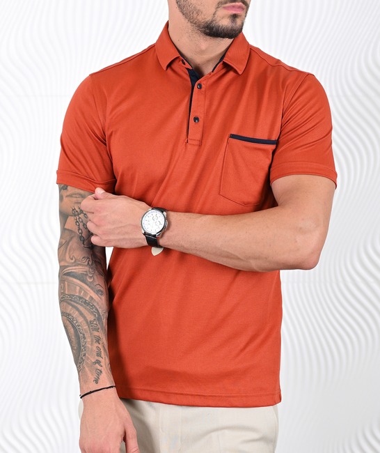 Мъжка поло тениска с джоб цвят керемида