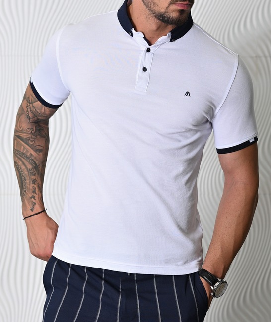 Мъжка бяла тениска с яка с три ленти