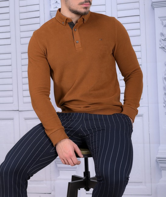 Мъжка кадифена блуза с яка цвят керемида