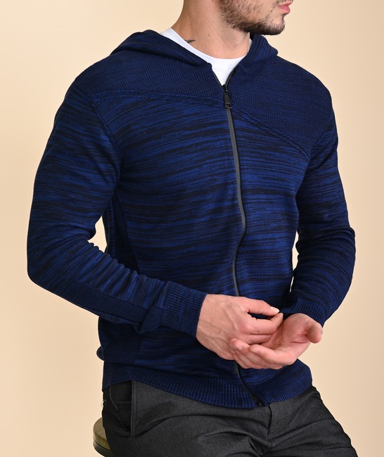 Мъжка плетена синя жилетка тип меланж с качулка