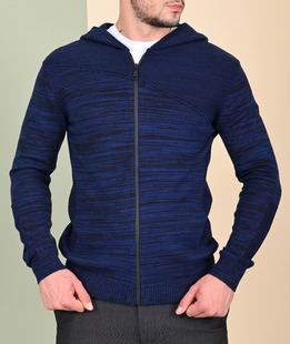 Мъжка плетена синя жилетка тип меланж с качулка