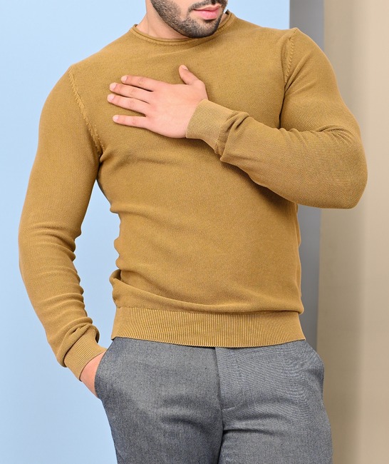 Мъжки релефен пуловер цвят горчица