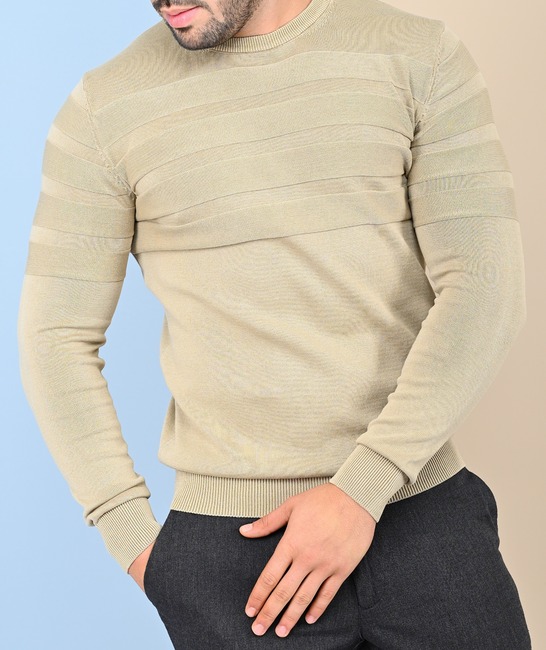 Мъжки пуловер с хоризонтални ленти цвят бежов