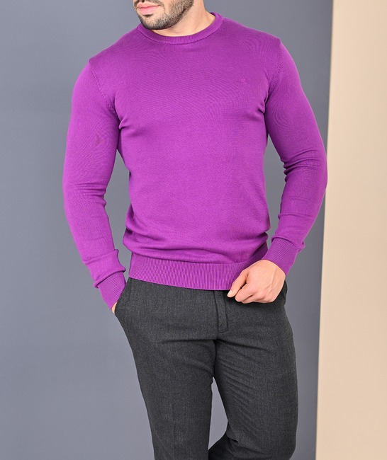 Мъжки пуловер с обло деколте цвят лилав