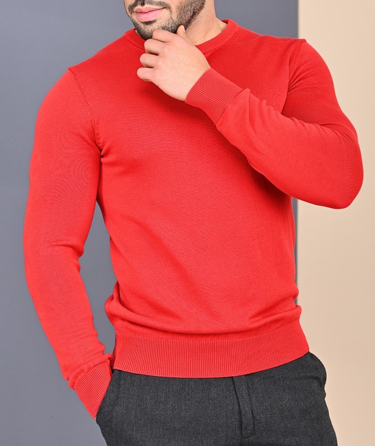 Мъжки пуловер с обло деколте цвят червен