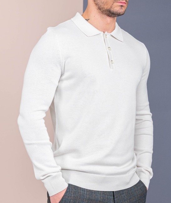 Мъжки плетен пуловер с три копчета цвят бял