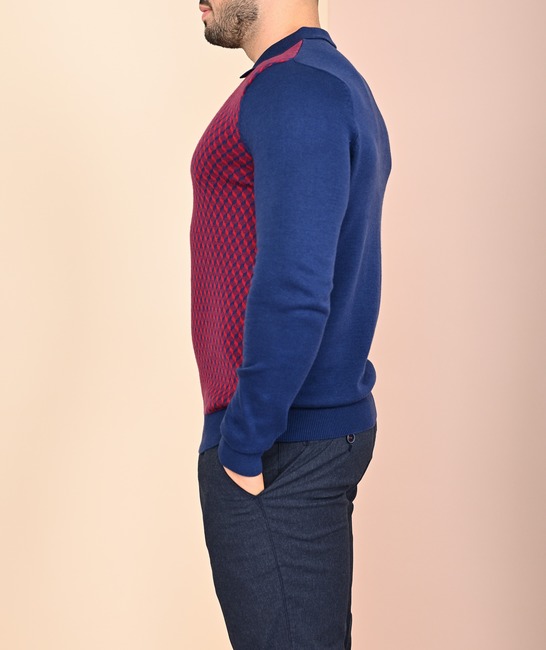 Мъжки син пуловер на малки ромбоиди цвят бордо