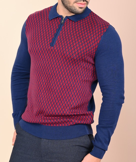 Мъжки син пуловер на малки ромбоиди цвят бордо