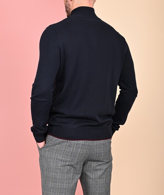 Мъжки син плетен пуловер на ивици от плетка пчелна пита с цип