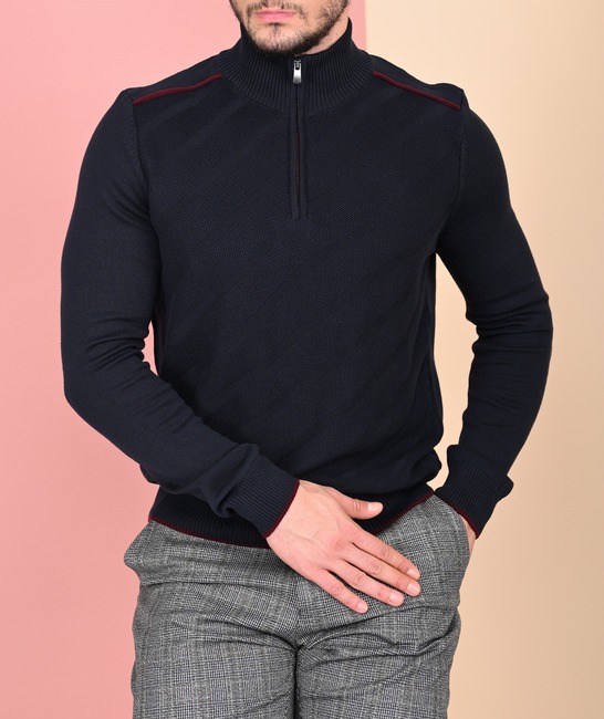Мъжки син плетен пуловер на ивици от плетка пчелна пита с цип