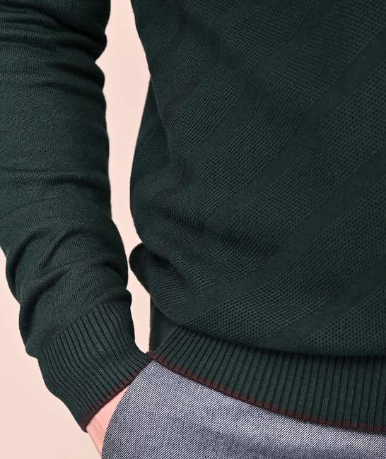 Мъжки зелен плетен пуловер на ивици от плетка пчелна пита с цип