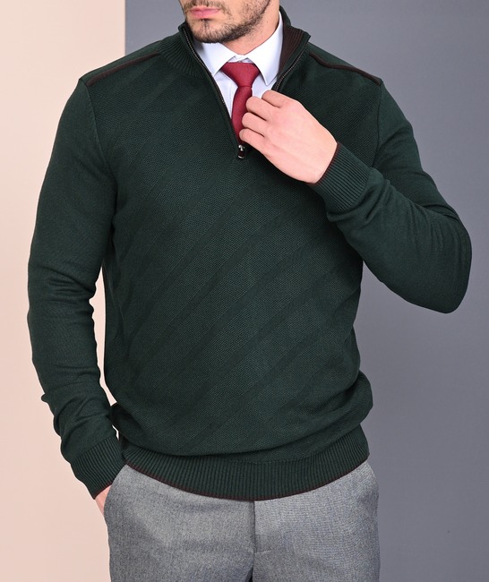 Мъжки зелен плетен пуловер на ивици от плетка пчелна пита с цип