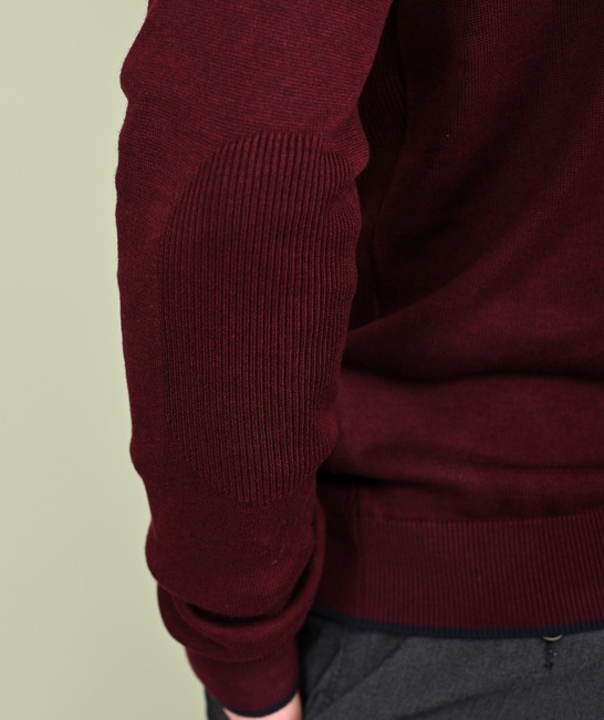 Мъжки пуловер на ивици с цип цвят бордо
