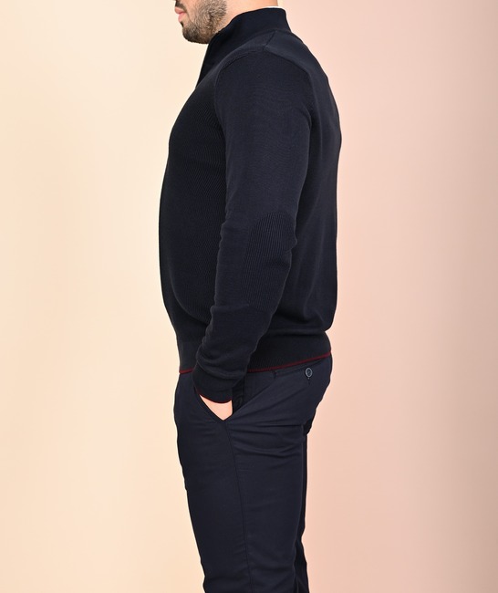 Мъжки син пуловер на ивици с цип