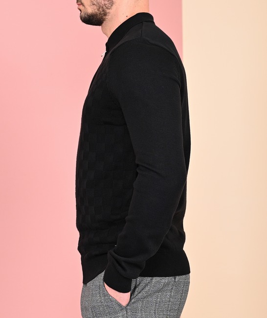 Мъжки плетен черен пуловер с цип на квадрати