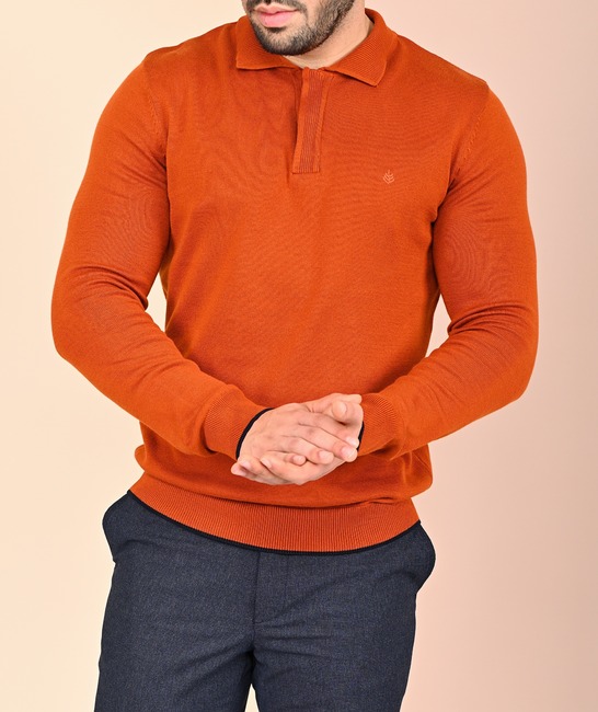 Мъжки пуловер с капаче цвят керемида