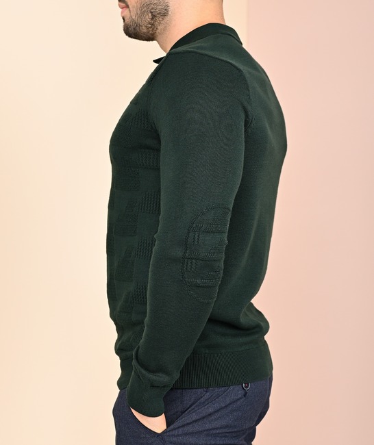 Мъжки зелен пуловер с яка и графични орнаменти