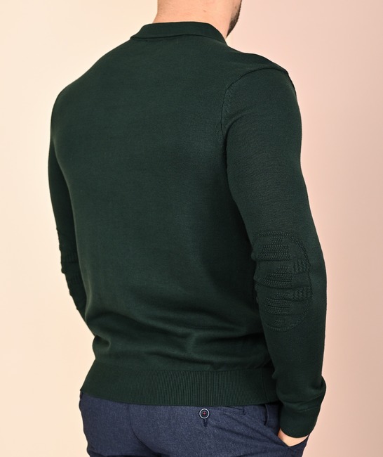 Мъжки зелен пуловер с яка и графични орнаменти