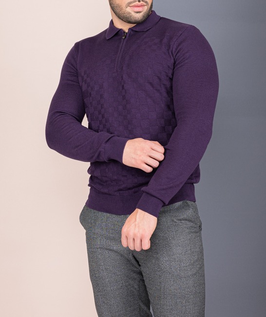 Мъжки плетен лилав пуловер с цип на квадрати