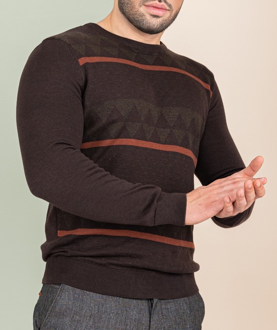 Мъжки кафяв пуловер на светли триъгълници и ленти