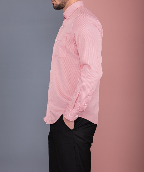 Розова елегантна мъжка риза на райе с джоб