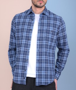 Елегантна мъжка синя риза с акцент синьо и бяло каре