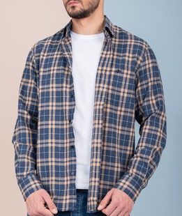Памучна синя мъжка риза на кафяво каре