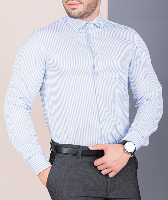 Мъжка синя раирана риза с джоб