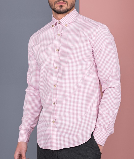 Розова мъжка риза с акцент малко лого карирана