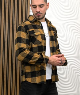 Кафява дебела риза на черно едро каре с пунктир