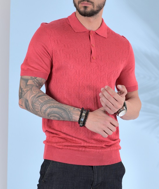 Плетена мъжка тениска с яка на фигури цвят диня