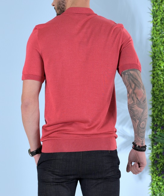 Плетена мъжка тениска с яка на фигури цвят диня