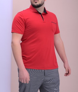 Big size модел мъжка тениска с яка червена с джоб