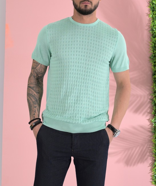 Поло тениска на квадрати плетена светло зелена