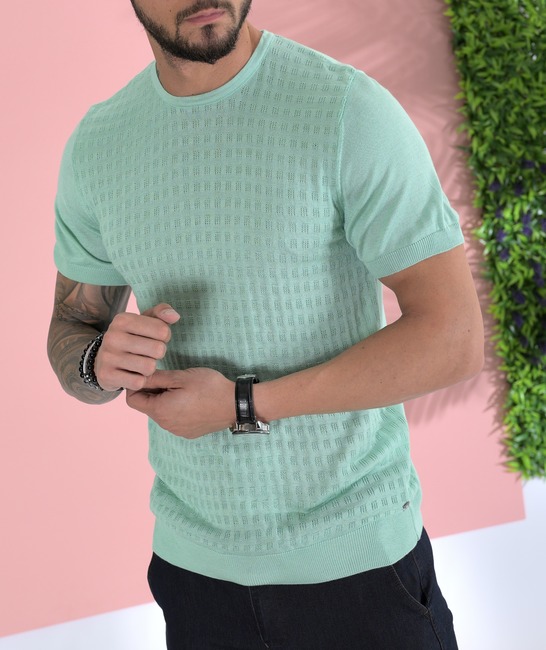 Поло тениска на квадрати плетена светло зелена